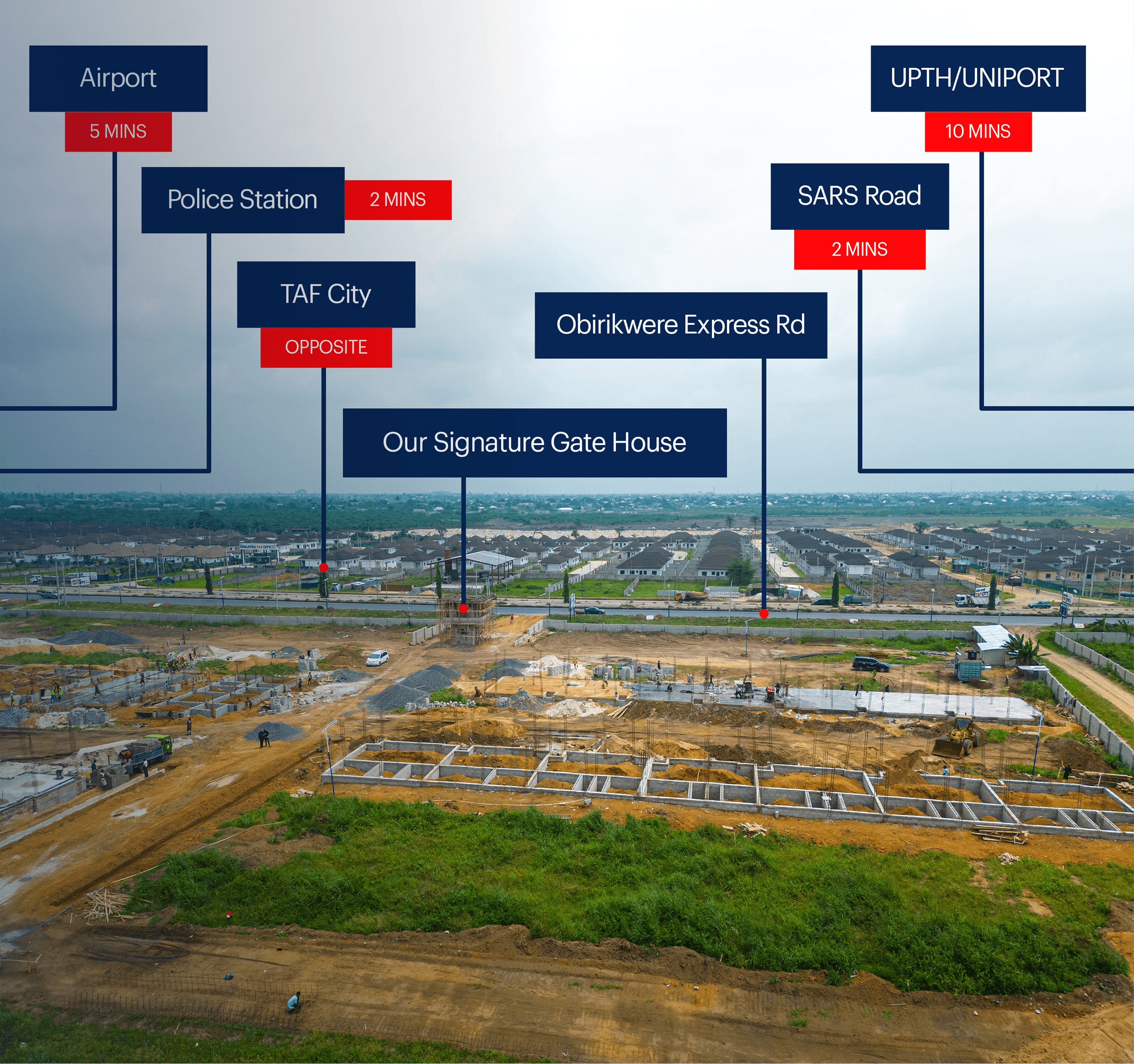 Aerial overview of 08 City Garden Estate construction site with nearby landmarks labelled
